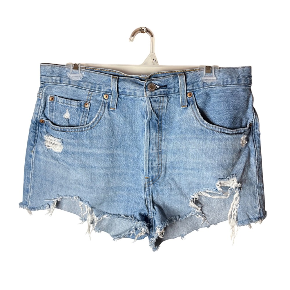 Levis 501‎ Original Cutoff Shorts Womens 32 Blue Distressed High Rise Denim